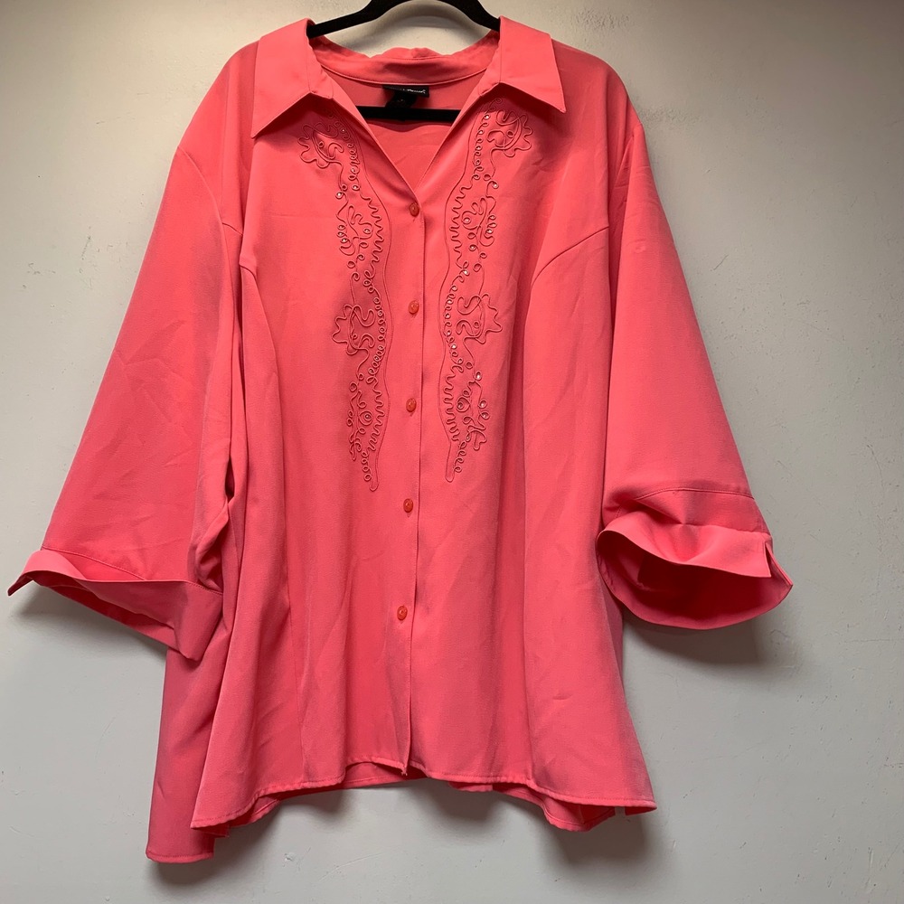 Maggie Barnes Blouse Womens 4X Coral Pink Excellent Embroidered Beaded 3/4 Slv